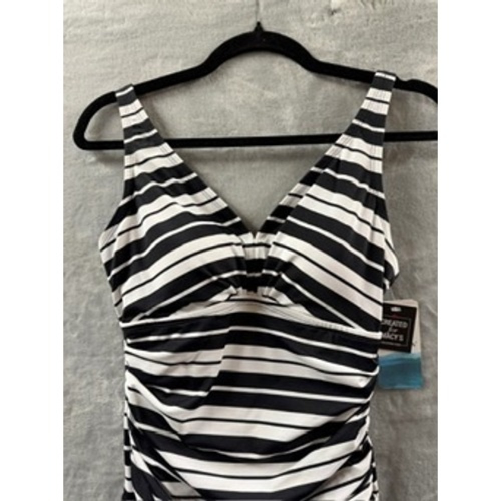 Swim Solutions Women Black White Striped Ruched V-Neck One-Piece Swimsuit NWT 8 - Picture 9 of 14